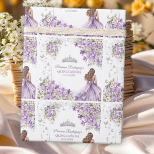 Papier Cadeau Diadème Floral Papillon Argent Lavande Quinceañera