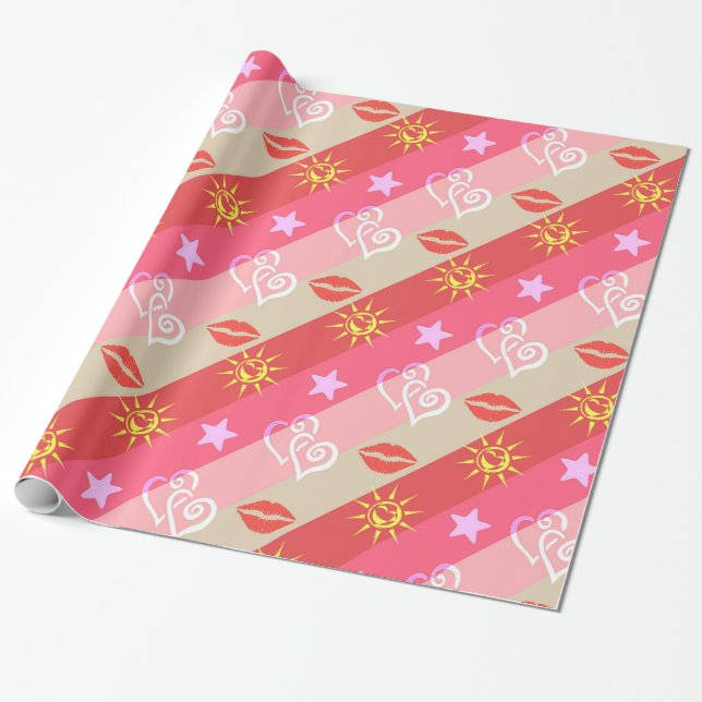 Papier Cadeau Diagonale Rose Et Beige (Déroulé)