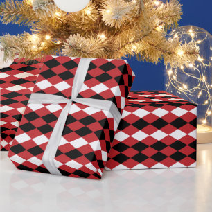 Papier Cadeau Diamant géométrique noir et blanc sur fond rouge