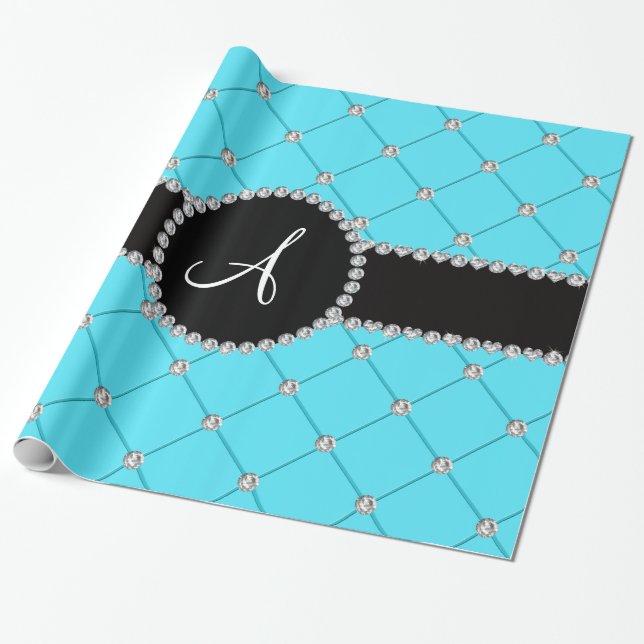 Papier Cadeau Diamants bleu-clair de touffe de monogramme (Déroulé)