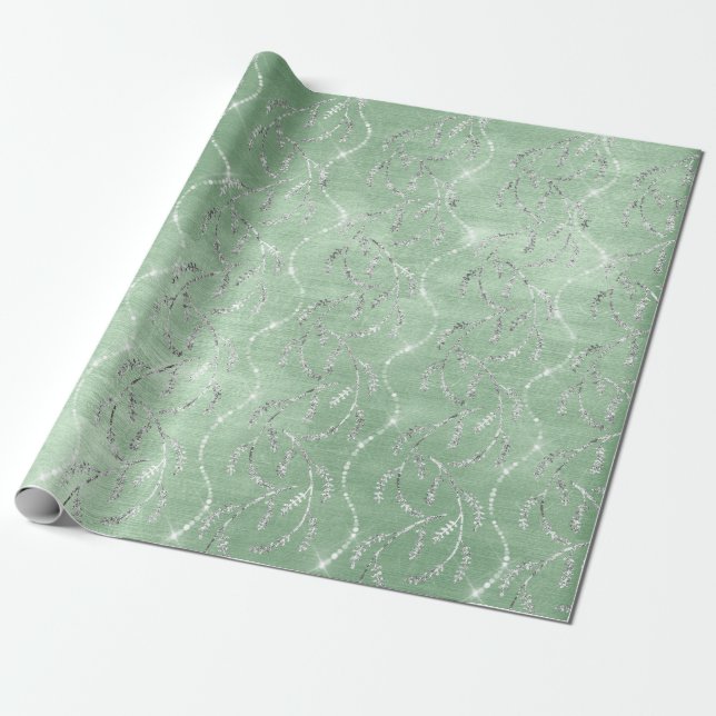 Papier Cadeau Diamants d'argent fleuri à la menthe verte Laurel (Déroulé)