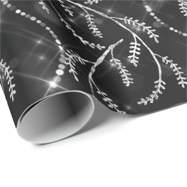 Papier Cadeau Diamants d'argent floral gris brillant (Coin rond)