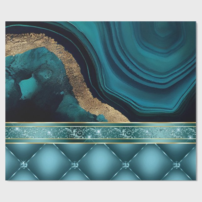Papier Cadeau Diamants de marbre d'agate sarcelle pailleté or (Plat)