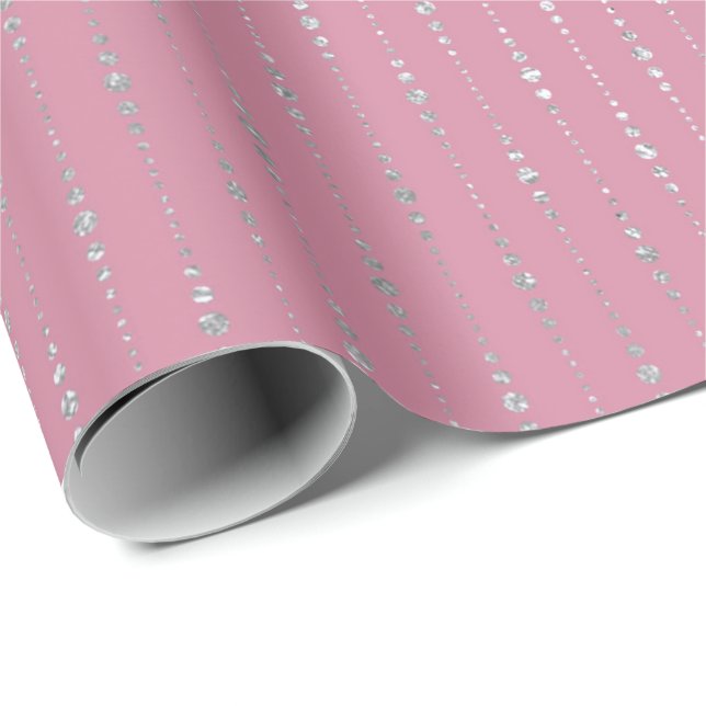 Papier Cadeau Diamants Pink Silver Stripes Dots Drops Vip (Coin rond)