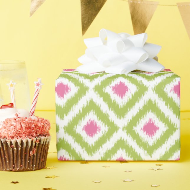 Papier Cadeau Diamants rose vert Motif Ikat (Fête d'anniversaire)