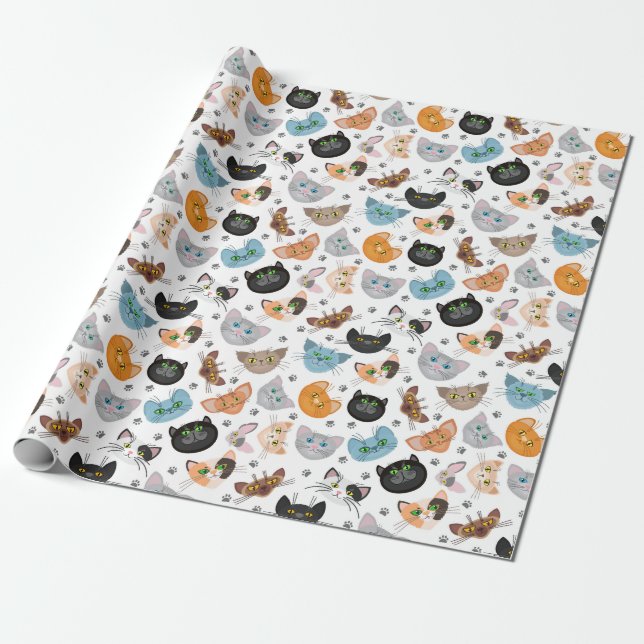 Papier Cadeau Différents visages de chat motif (Déroulé)