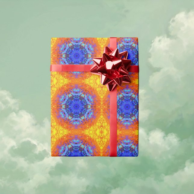 Papier Cadeau Digital Mandala bleu orange et jaune (Blue Orange and Yellow Digital Mandala Wrapping Paper by Wormhole Orbital)