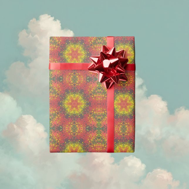 Papier Cadeau Digital Mandala jaune rouge et noir (Yellow and Red Digital Paint Mandala Wrapping Paper By Wormhole Orbital)