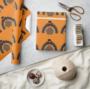 Papier Cadeau Dinde amusante de Thanksgiving motif sur orange