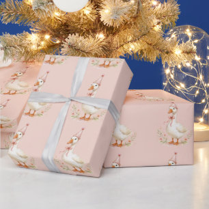 Papier Cadeau Dindon Élégant Rose Fille Anniversaire