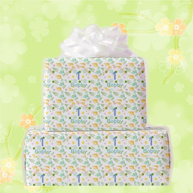 Papier Cadeau Dino Party Cute Dinosaur Anniversaire Nom et âge d (Créateur téléchargé)