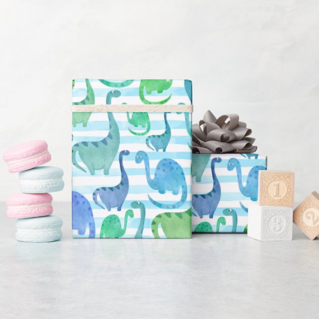 Papier Cadeau Dino Stripe Aquarelle Dinosaures Adorable (Baby Shower)