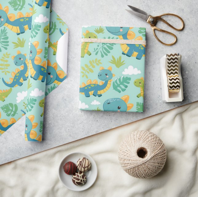 Papier Cadeau Dinos bébé mignons, style boho sans soudure (Artisanat)