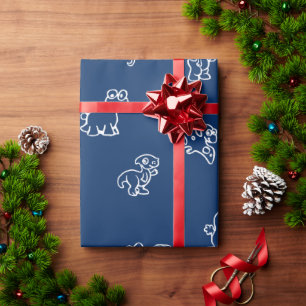 Papier Cadeau Dinos de caricature blanc de charme sur bleu marin