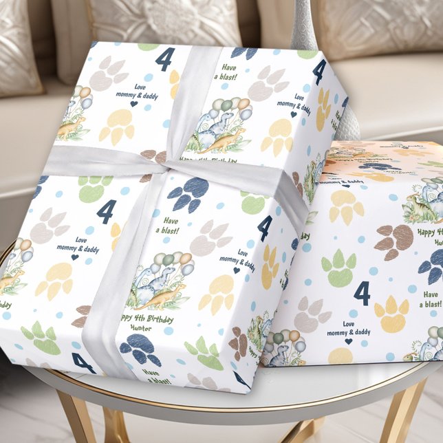 Papier Cadeau Dinosaur Bleu Vert Garçon Anniversaire Nom Texte (Dinosaur Blue Green Boy Birthday Name Text Wrapping Paper)