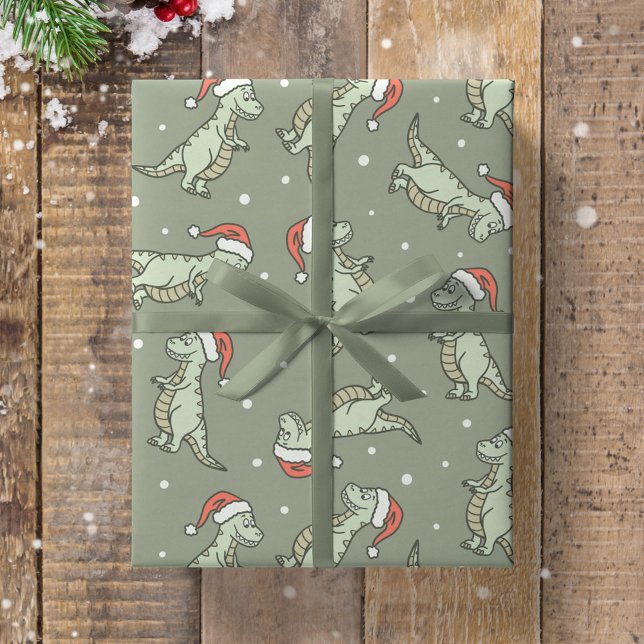 Papier Cadeau Dinosaur Christmas Boy Santa Claus Dino T-Rex Sage (Créateur téléchargé)