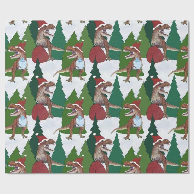 Papier Cadeau Dinosaur Christmas T-Rex Santa (Plat)