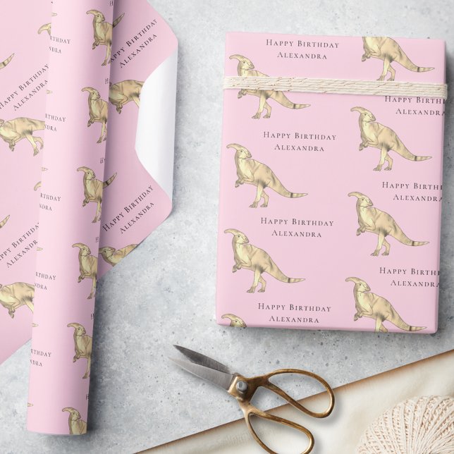 Papier Cadeau Dinosaur Joyeux Anniversaire Personnalisé Nom De F (Happy birthday Dinosaur personalized girl name pink gift wrapping paper Cute Parasaurolophus dino)