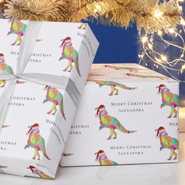 Papier Cadeau Dinosaur Joyeux Noël Personnalisé Nom de la fille (Personalized girl name merry Christmas dinosaur parasaurolophus wrapping paper Watercolor dino Santa)