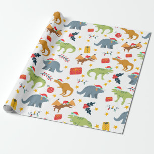 Papier Cadeau Dinosaur Noël Motif de chapeau, blanc