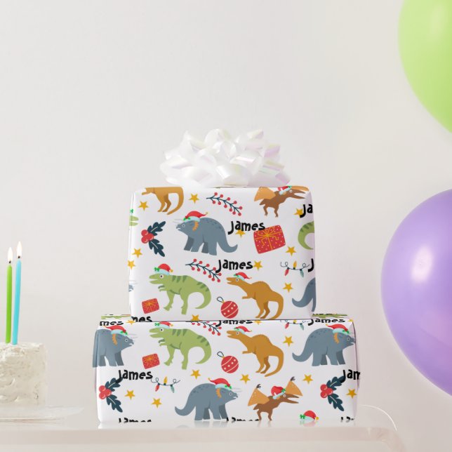 Papier Cadeau Dinosaur Noël Père Noël Motif & Nom personnalisé (Cadeaux de fête)