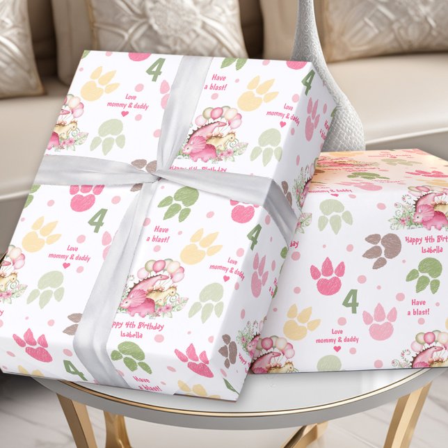 Papier Cadeau Dinosaur Pink Pastel Cute Girl Anniversaire Nom Te (Dinosaur Pink Pastel Cute Girl Birthday Name Text Wrapping Paper)