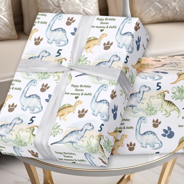 Papier Cadeau Dinosaur T rex Garçon Anniversaire Nom Texte (Dinosaur T rex Boy Birthday Name Text Wrapping Paper)
