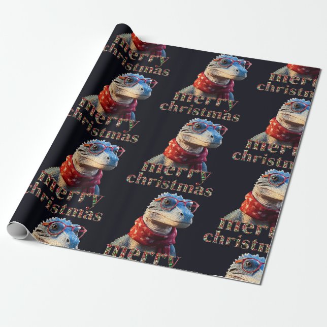 Papier Cadeau dinosaure bleu portant une écharpe de Noël (Déroulé)