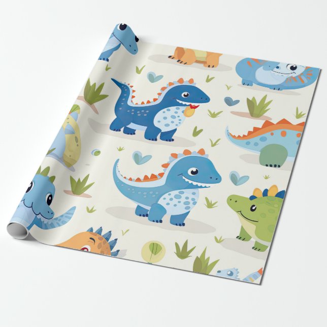Papier Cadeau Dinosaure coloré mignon Motif bébé (Déroulé)