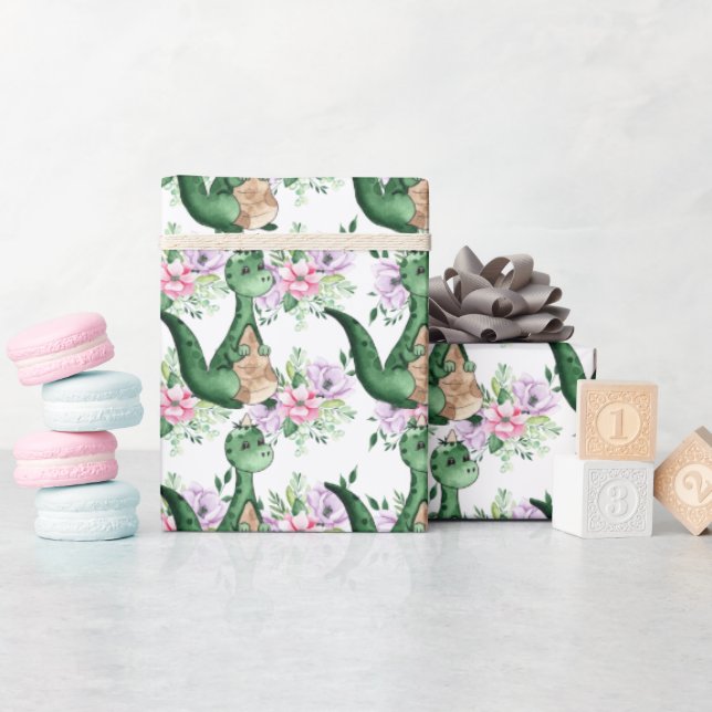 Papier Cadeau Dinosaure dans les fleurs garçons filles soirée à  (Baby Shower)