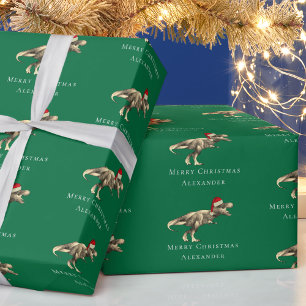 Papier Cadeau Dinosaure de Noël Nom de Garçon Personnalisé Vert