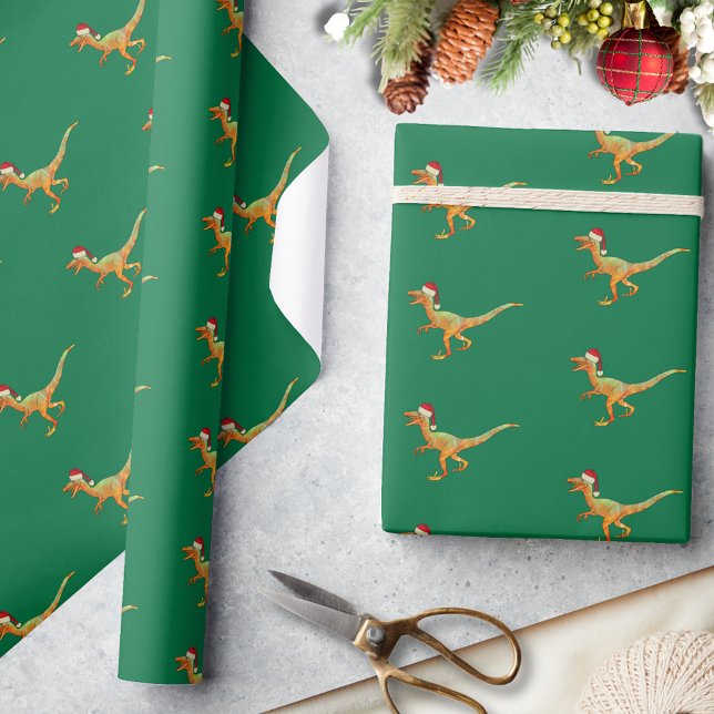Papier Cadeau Dinosaure de Noël Raptor (Christmas dinosaur velociraptor Santa pattern green wrapping paper Cute raptor dino pattern)