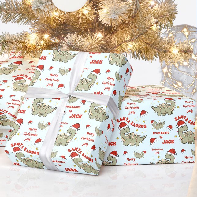 Papier Cadeau Dinosaure de Noël Santasaurus Nom bleu (Cute Christmas Dinosaur Santasaurus Blue Name Wrapping Paper)