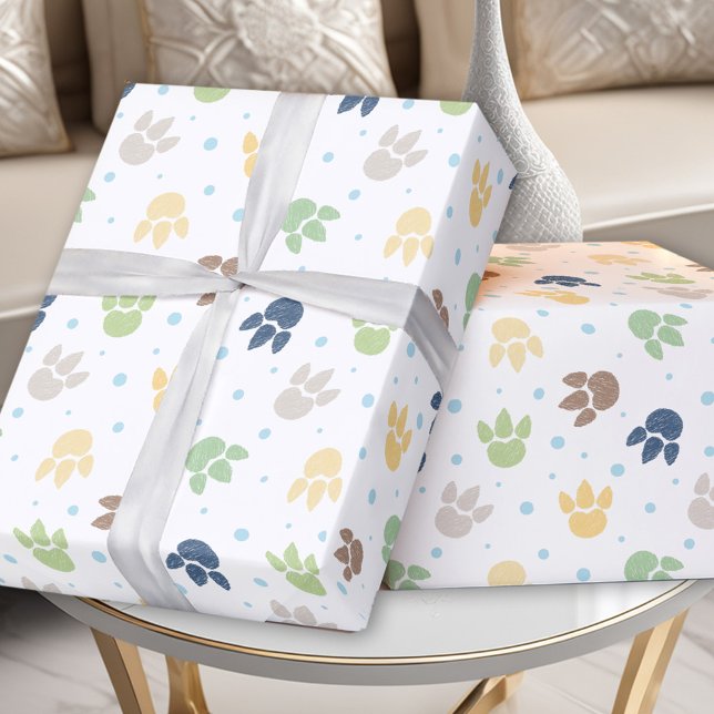 Papier Cadeau Dinosaure Empreintes Bleu Vert Jaune Garçon Annive (Dinosaur Footprints Blue Green Yellow Boy Birthday Wrapping Paper)