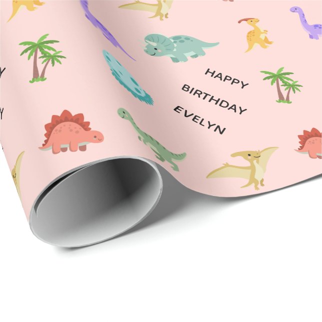 Papier Cadeau Dinosaure Fille Personnalisé  (Coin rond)