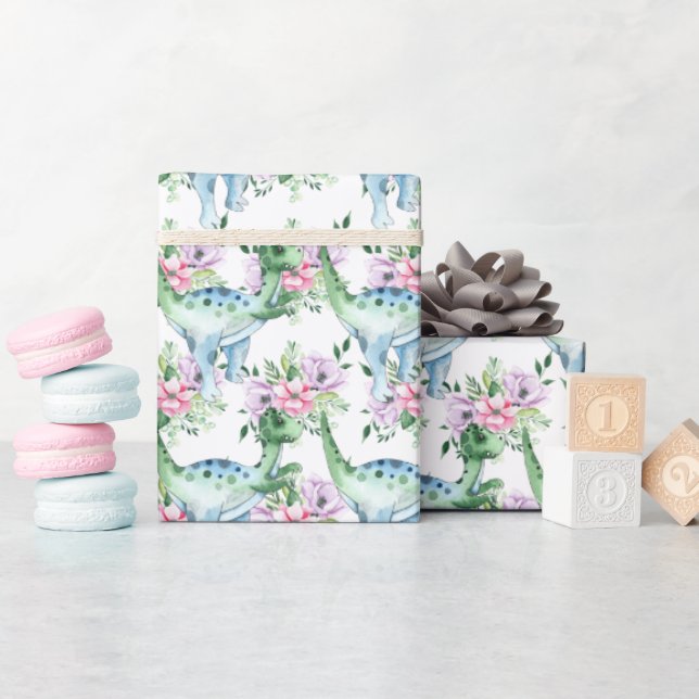 Papier Cadeau Dinosaure floral aquarelle dessin animé garçons fi (Baby Shower)