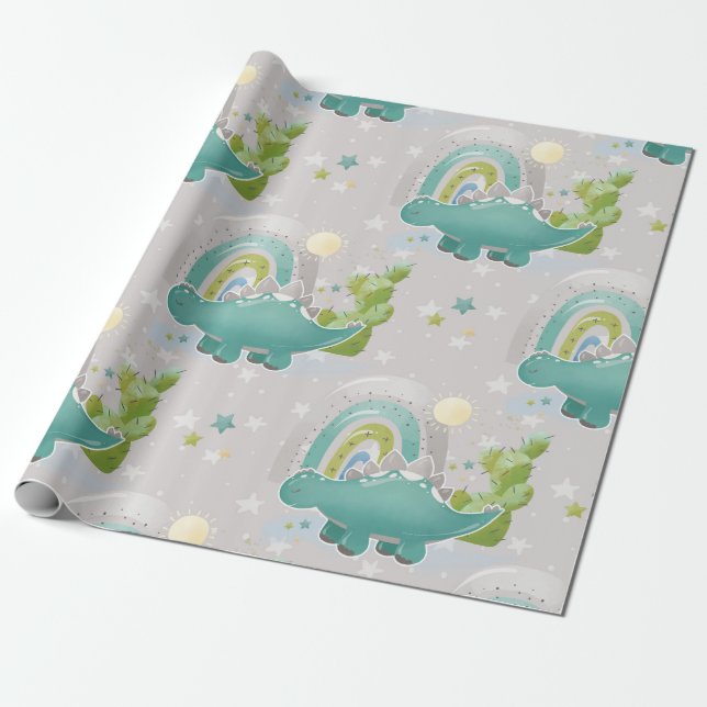 Papier Cadeau Dinosaure Vert Et Baby shower Arc-En-Ciel Motif (Déroulé)