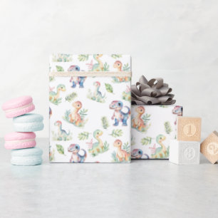 Papier Cadeau Dinosaures aquarelle blanc