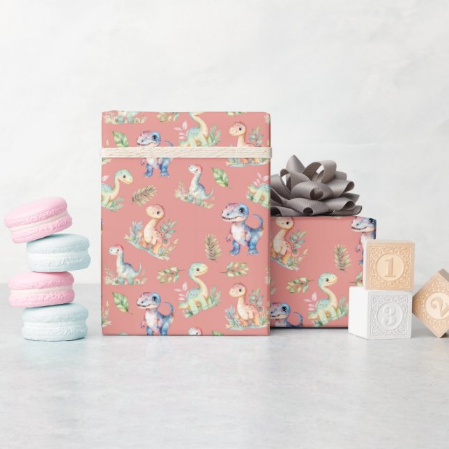 Papier Cadeau Dinosaures aquarelle rose (Baby Shower)