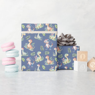Papier Cadeau Dinosaures aquarelle sur le gris bleu foncé