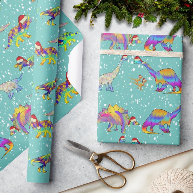 Papier Cadeau Dinosaures de Noël à Santa Hats (Christmas dinosaurs in Santa hats in the snow pattern fun holiday wrapping paper for dino lovers)