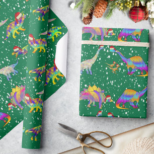 Papier Cadeau Dinosaures de Noël avec de mignons chapeaux de Pèr