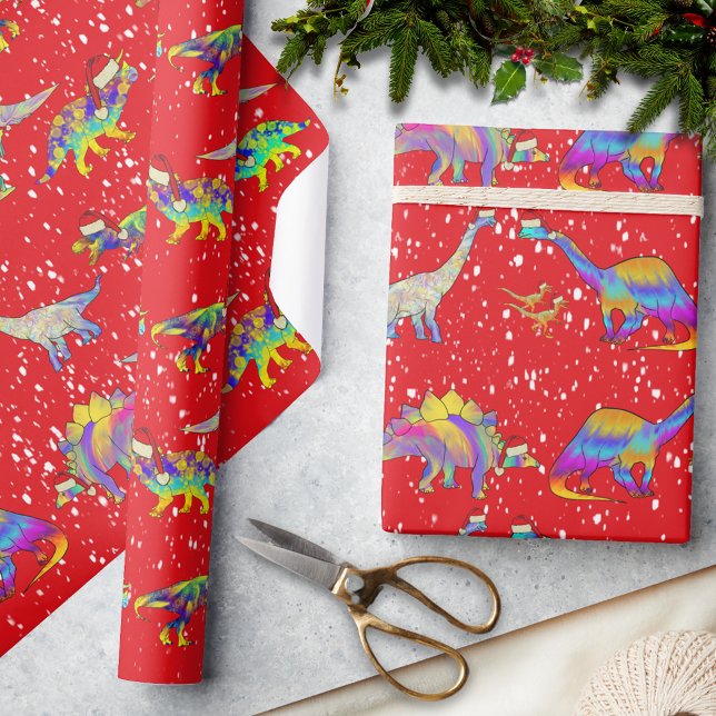 Papier Cadeau Dinosaures de Noël en Motif de chapeaux de Père No (Christmas dinosaurs wearing Santa hats pattern red holiday wrapping paper)