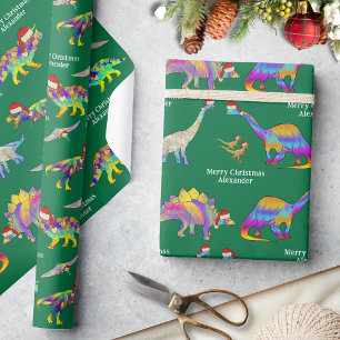 Papier Cadeau Dinosaures de Noël personnalisés avec un prénom de