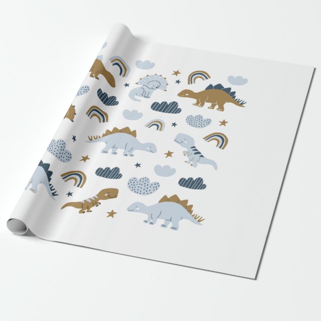 Papier Cadeau Dinosaures dessinés à la main dans le style scandi (Déroulé)
