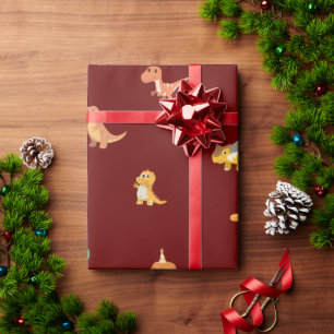 Papier Cadeau Dinosaures mignons minimalistes plats sur fond rou