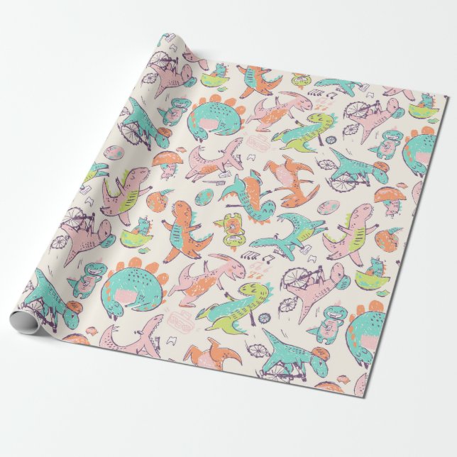 Papier Cadeau Dinosaures rose mignon Motif (Déroulé)