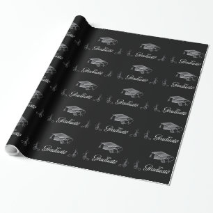 Papier Cadeau Diplôme Noir & Argent 3D Look, Casquette & diplôme