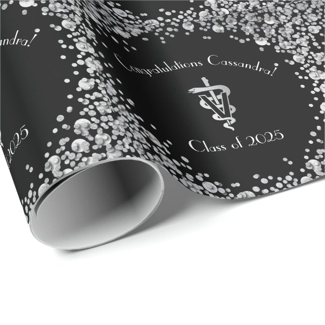 Papier Cadeau Diplômé Vétérinaire Noir Argent (Coin rond)