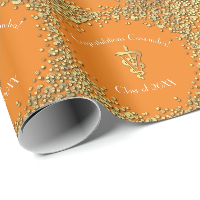 Papier Cadeau Diplômé Vétérinaire Orange Or (Coin rond)